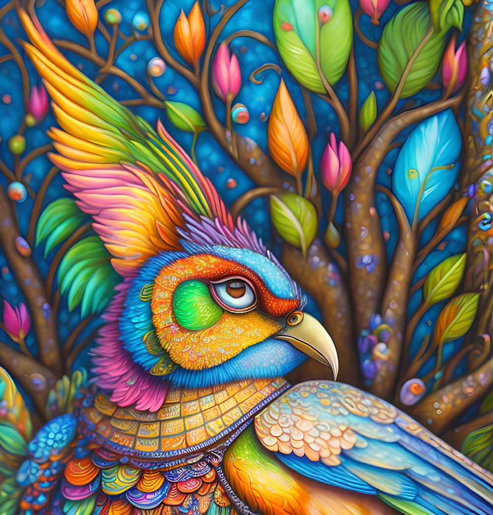 Colorful Parrot Illustration with Intricate Patterns in Fantasy Flora Setting