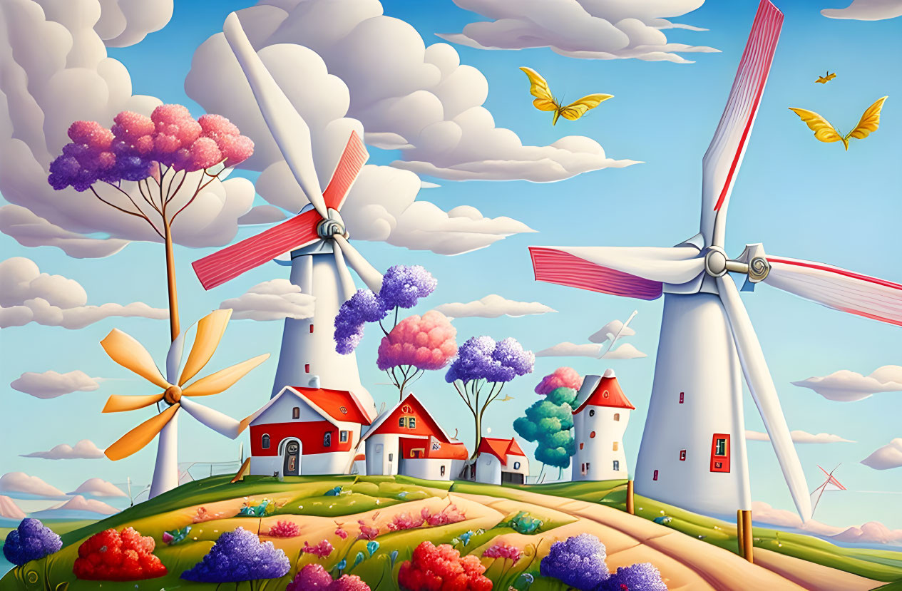 Vibrant cartoon landscape with windmills, trees, houses, path, and butterflies