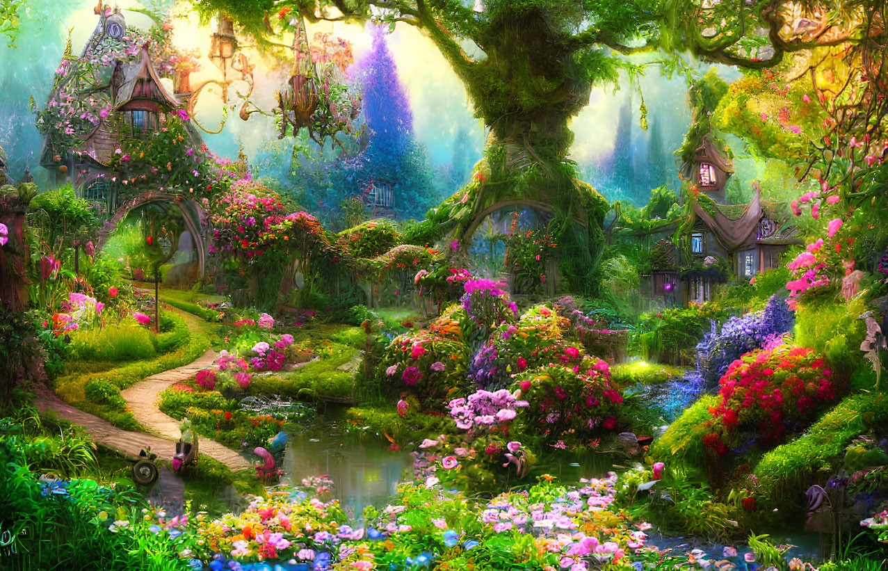 Enchanting forest scene with cottages, flowers, stream, and lush greenery