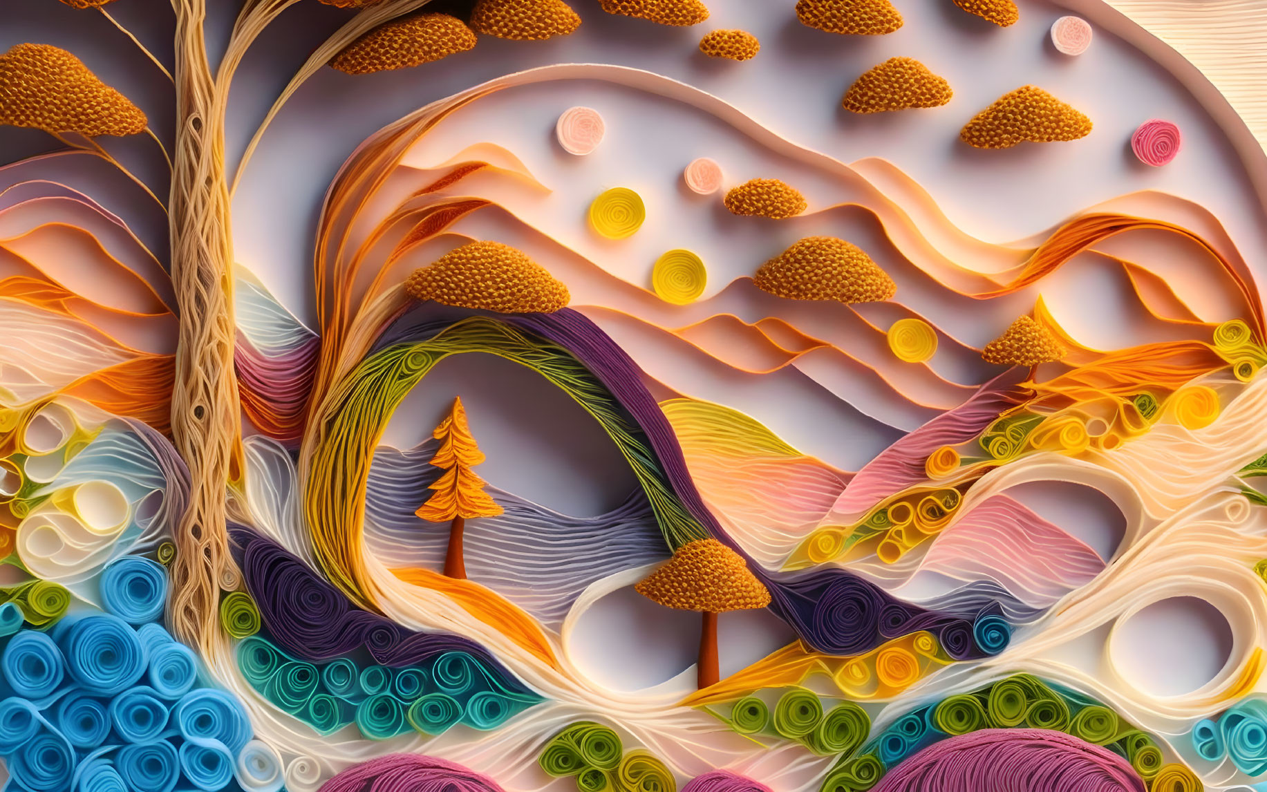 Abstract Paper Quilling Art: Whimsical Landscape with Trees and Swirling Patterns