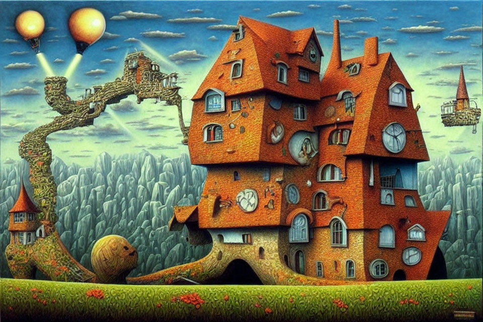 Whimsical fantasy artwork of house in dense forest