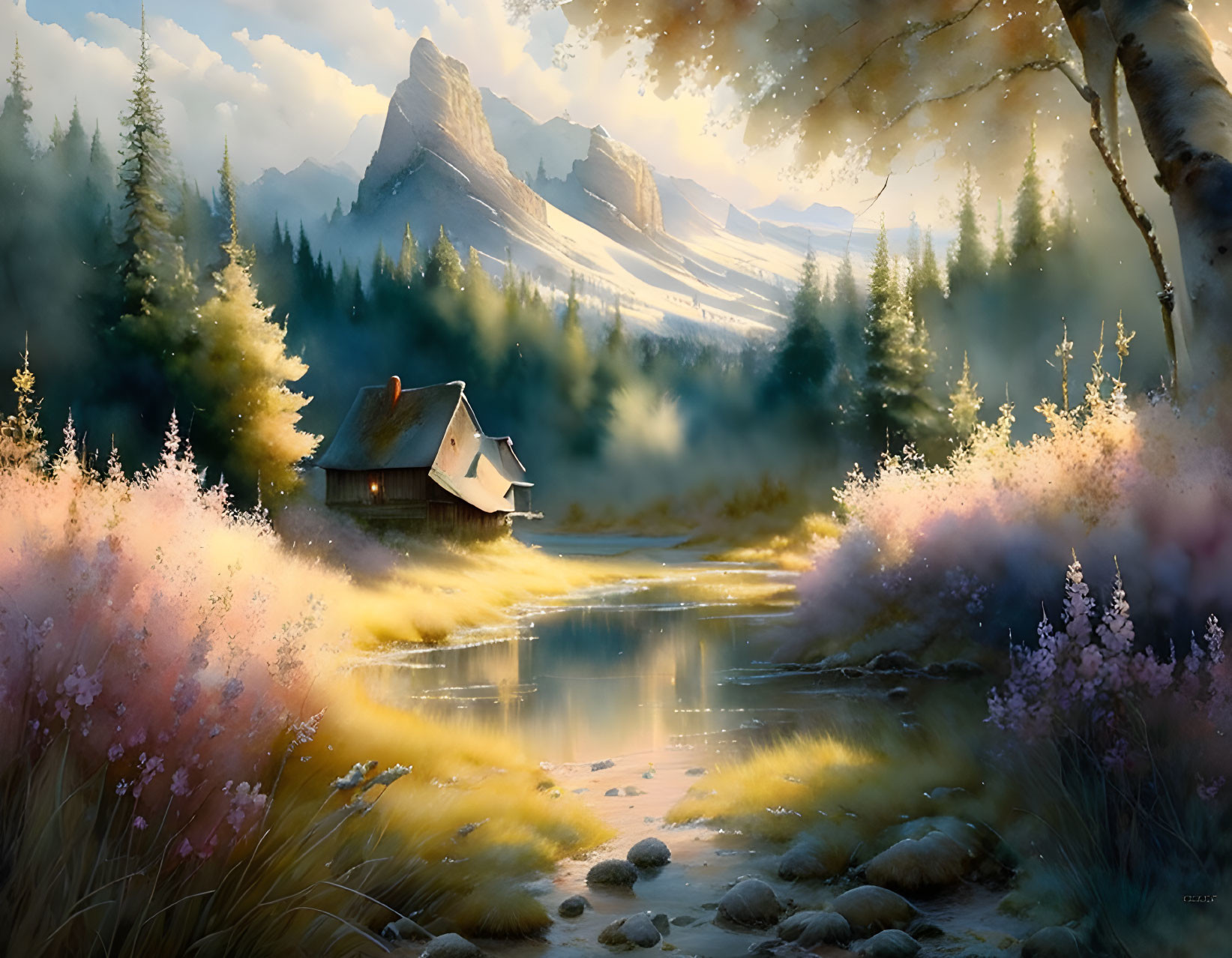 Tranquil landscape with cottage, river, trees, wildflowers, and mountain