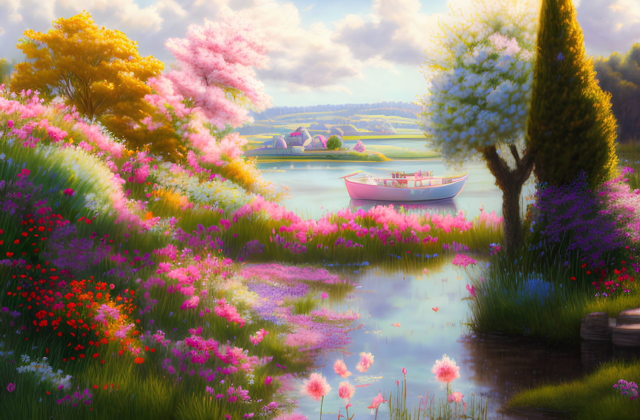 Tranquil landscape with boat on river, vibrant flowers, lush trees, warm sunrise