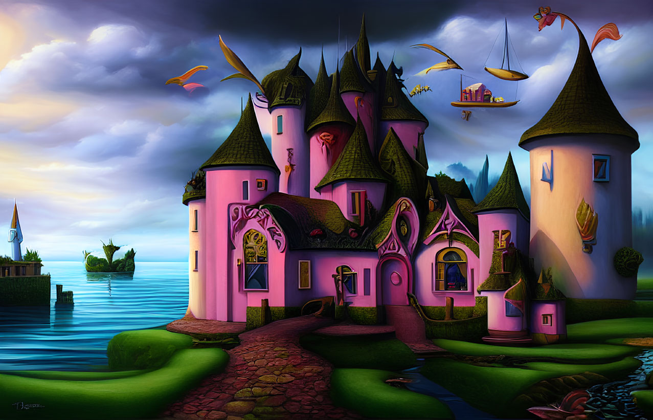 Fantastical pink castle painting with spires, flying ships, and twilight sky