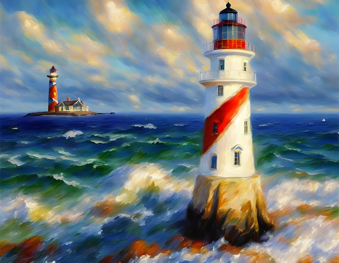 Impressionist-style painting of two lighthouses by the sea