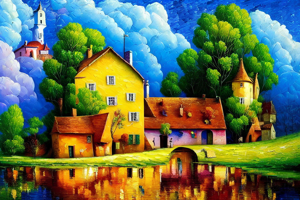 Colorful Painting: Charming Village Houses by Reflective Lake