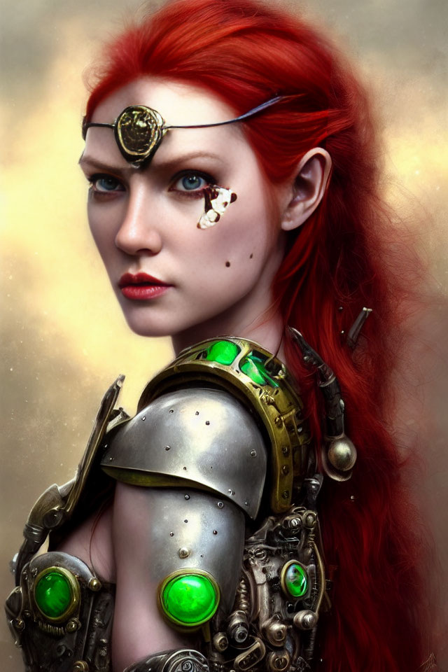 Red-Haired Female Warrior Portrait with Mechanical Eyepiece and Green Gem Accents