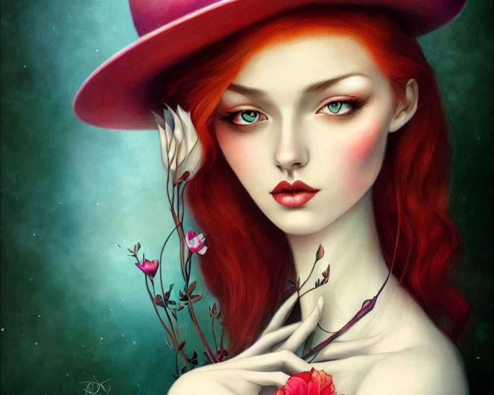 Stylized portrait of woman with red hair and pink top hat among blooming roses