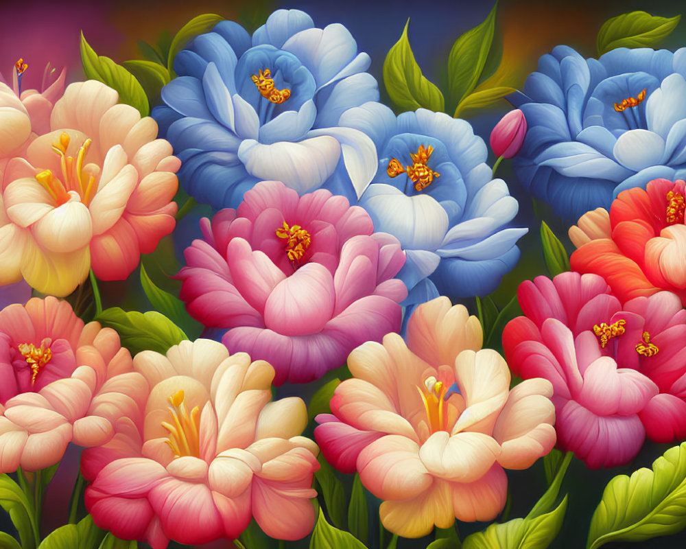 Colorful illustrated flowers in blue, pink, orange, and yellow on gradient backdrop