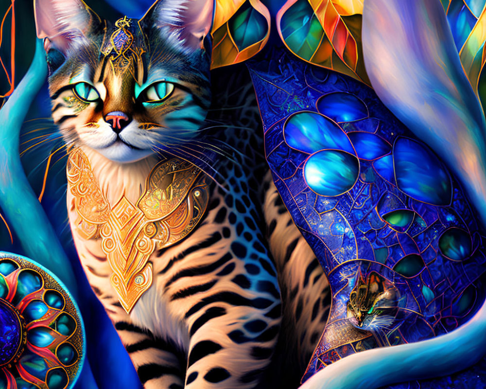 Colorful Digital Art: Ornate Cat with Blue Eyes in Exotic Foliage