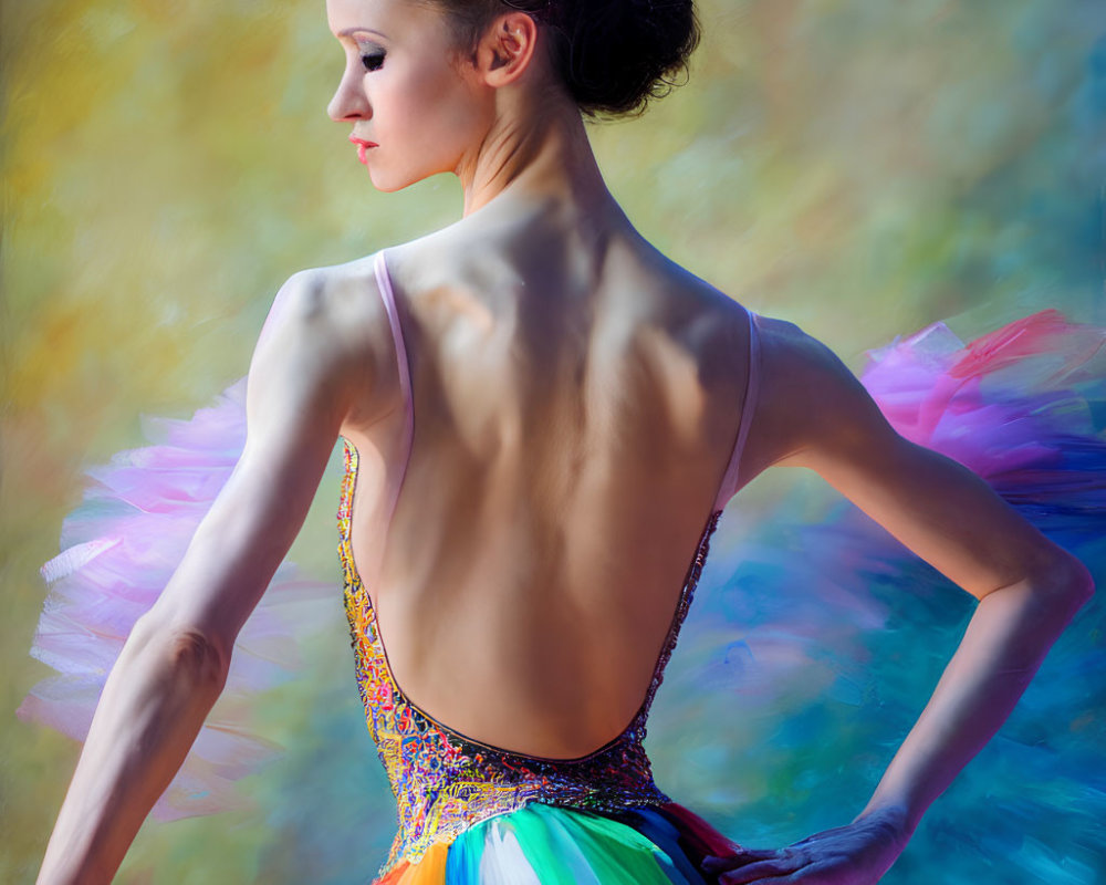 Colorful Tutu and Bejeweled Bodice Ballerina in Strong Posture