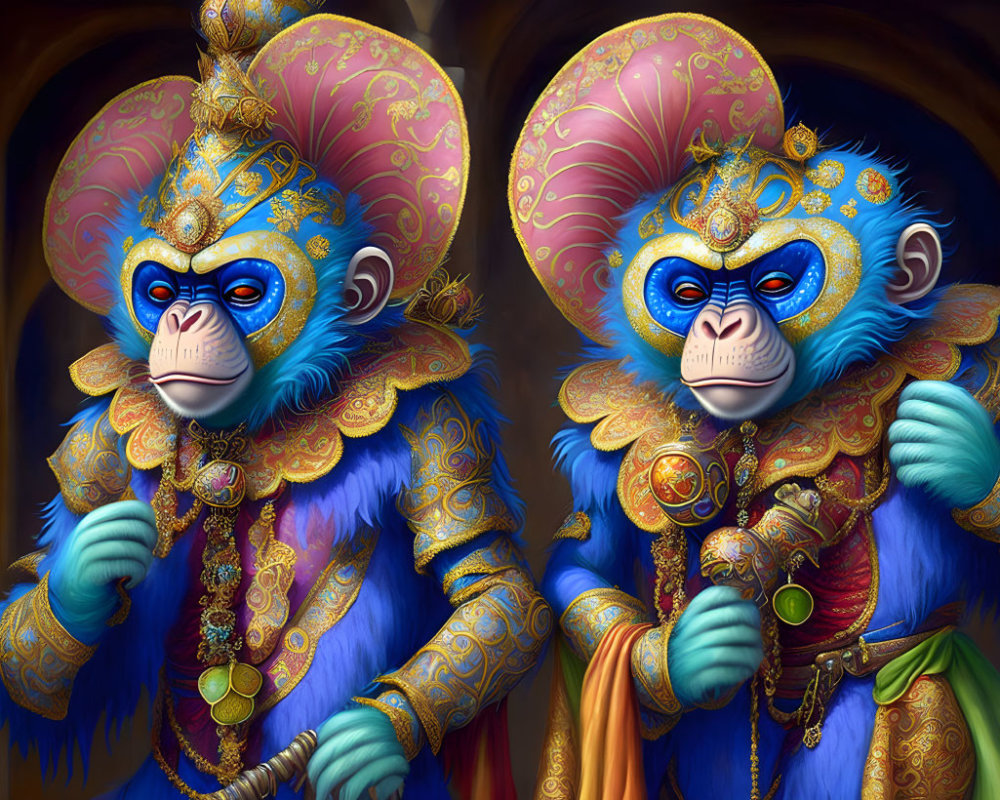 Ornately dressed blue monkeys in golden armor and jewelry, standing guard with scepters against architectural backdrop