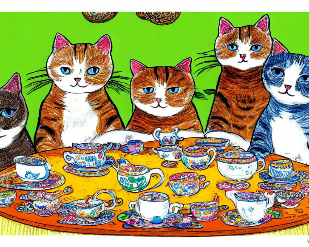 Five Cartoon Cats at Colorful Table with Teacups on Green Background