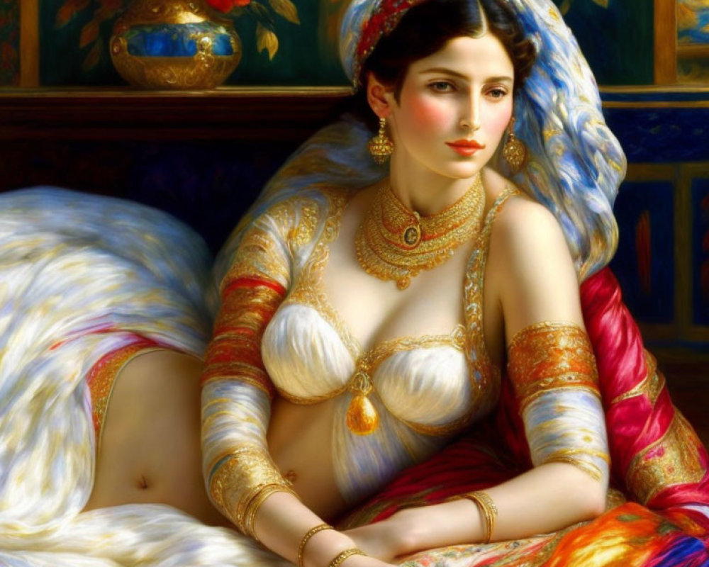 Luxurious traditional attire painting of elegant woman with rich colors