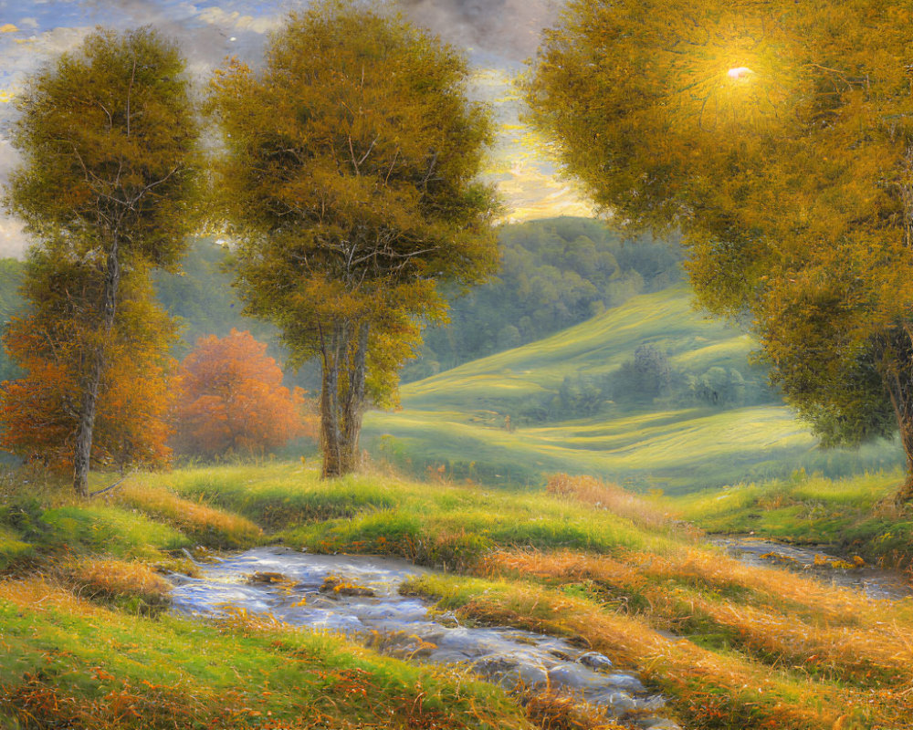 Tranquil autumn landscape with babbling brook and yellowing trees