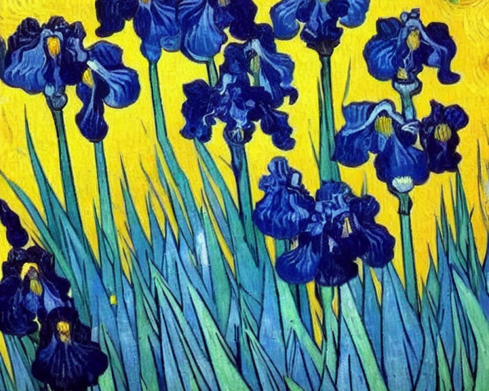 Colorful Post-Impressionist Painting of Blue Irises on Swirling Yellow Background