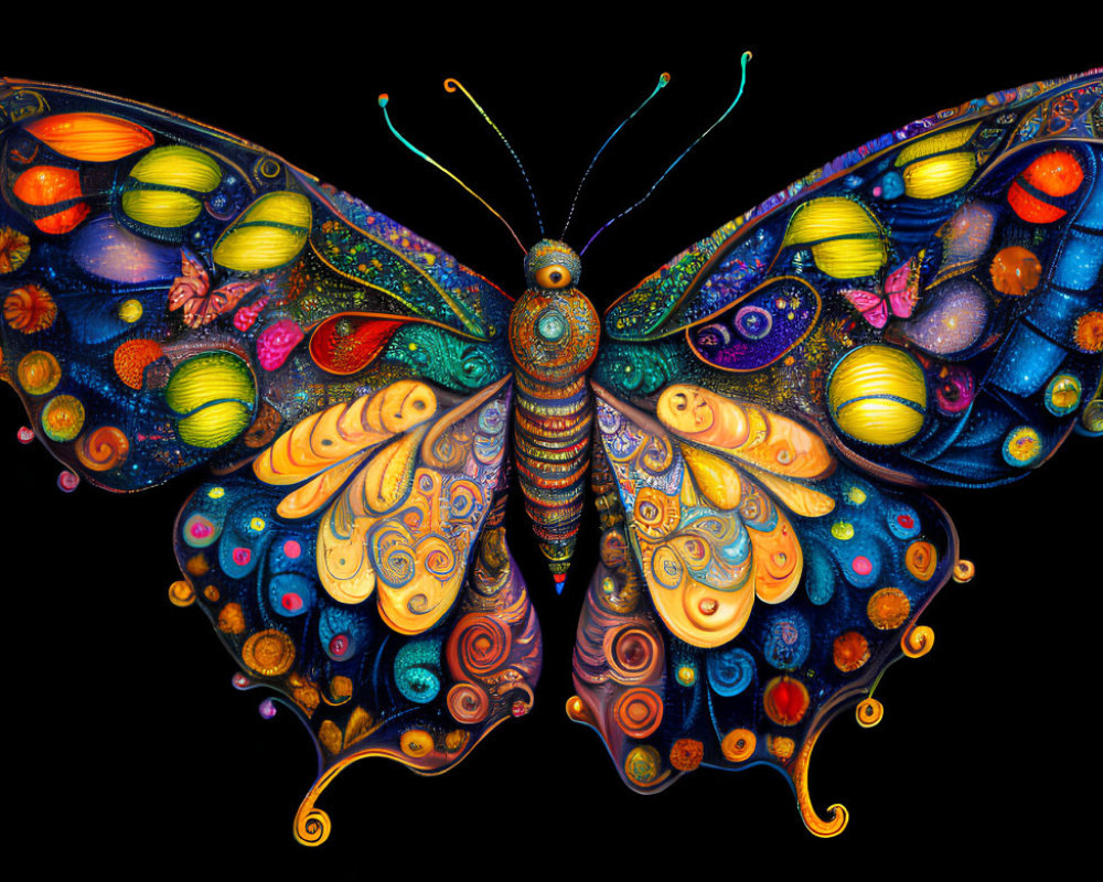 Colorful Stylized Butterfly with Celestial Motifs on Black Background