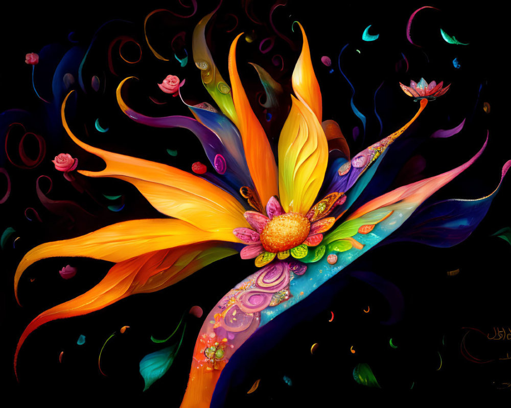 Colorful digital artwork of whimsical flower with orange and yellow petals, blue and green accents, small