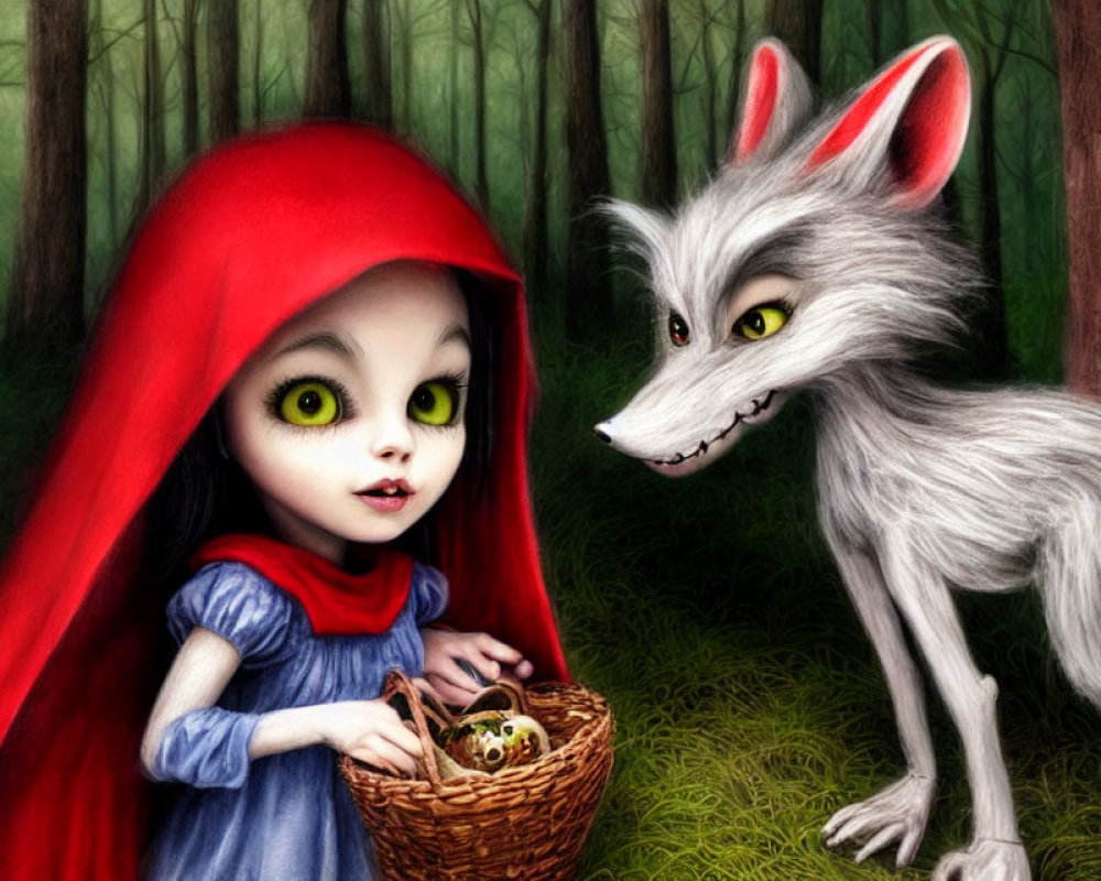 Illustration of Little Red Riding Hood with grinning wolf in eerie forest