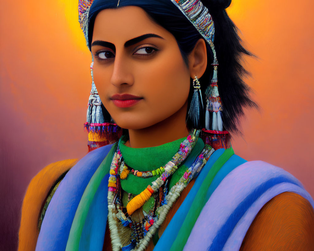 Portrait of Woman in Striking Blue Apparel and Traditional Jewelry