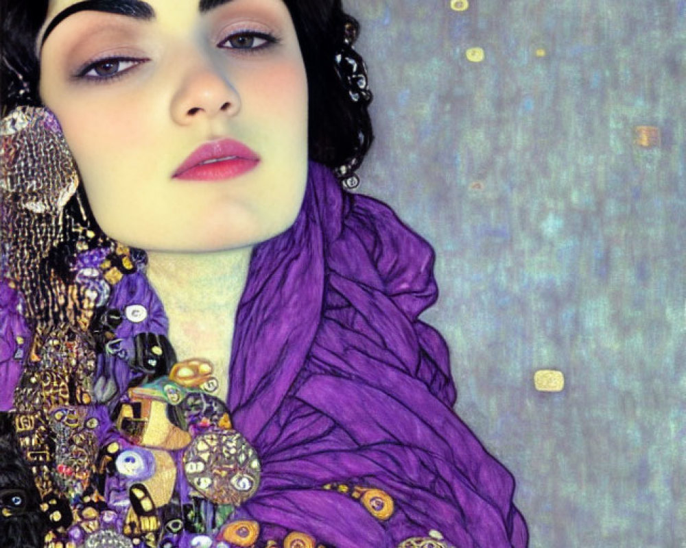 Portrait of Woman in Purple Cloak with Dark Hair and Jewelry