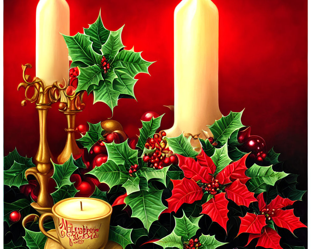 Three candles with holly and poinsettia on red background