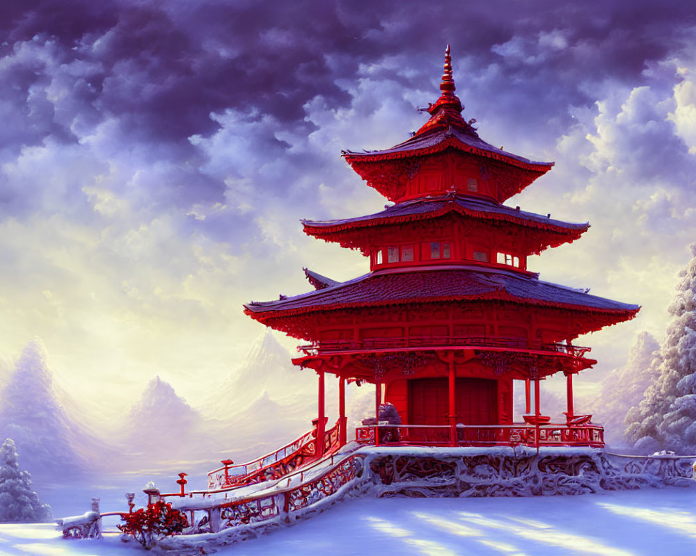Traditional Red Pagoda in Snowy Landscape with Pine Trees and Dramatic Sky at Dusk or Dawn