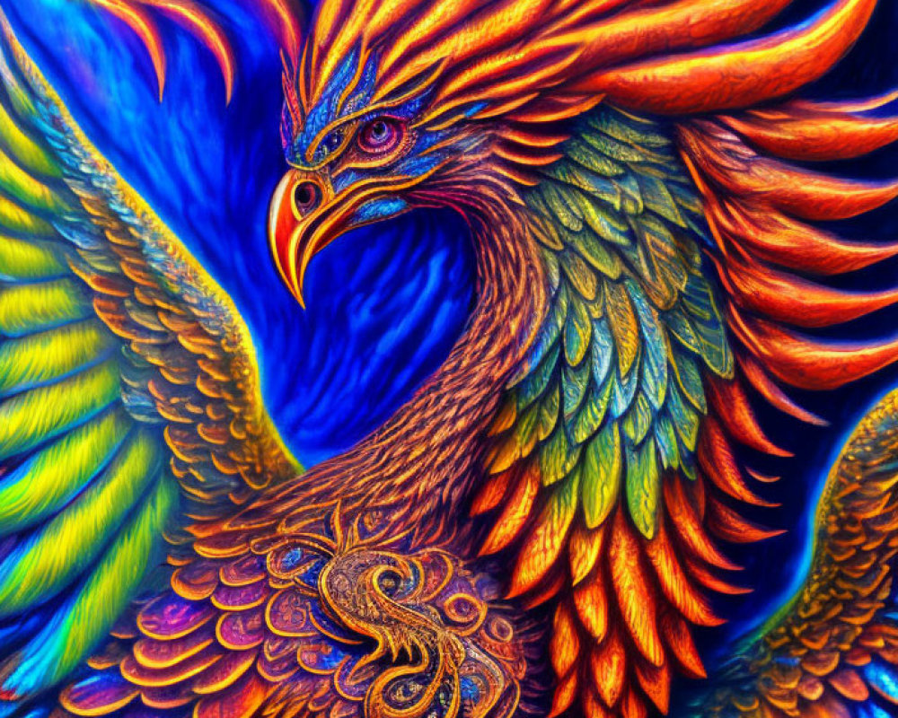 Vibrant mythical phoenix with fiery plumage on blue background