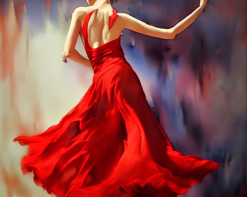Woman dancing passionately in flowing red dress with swirling hair and gown.