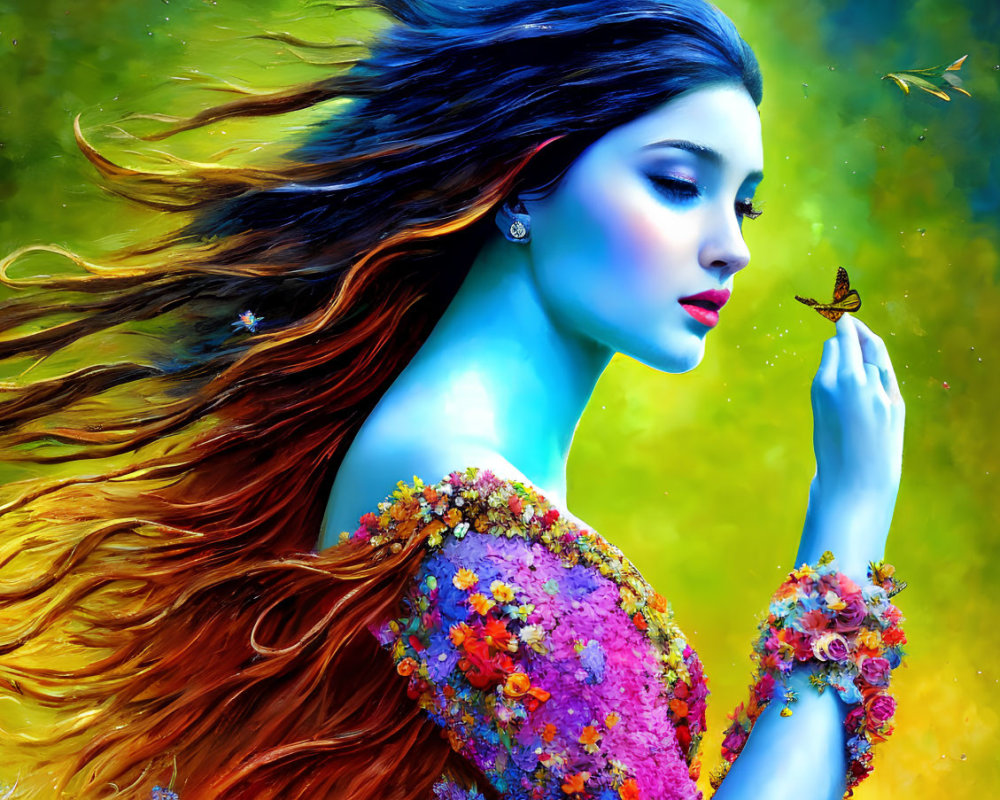Colorful digital painting of a woman with auburn hair and butterfly in dreamy setting
