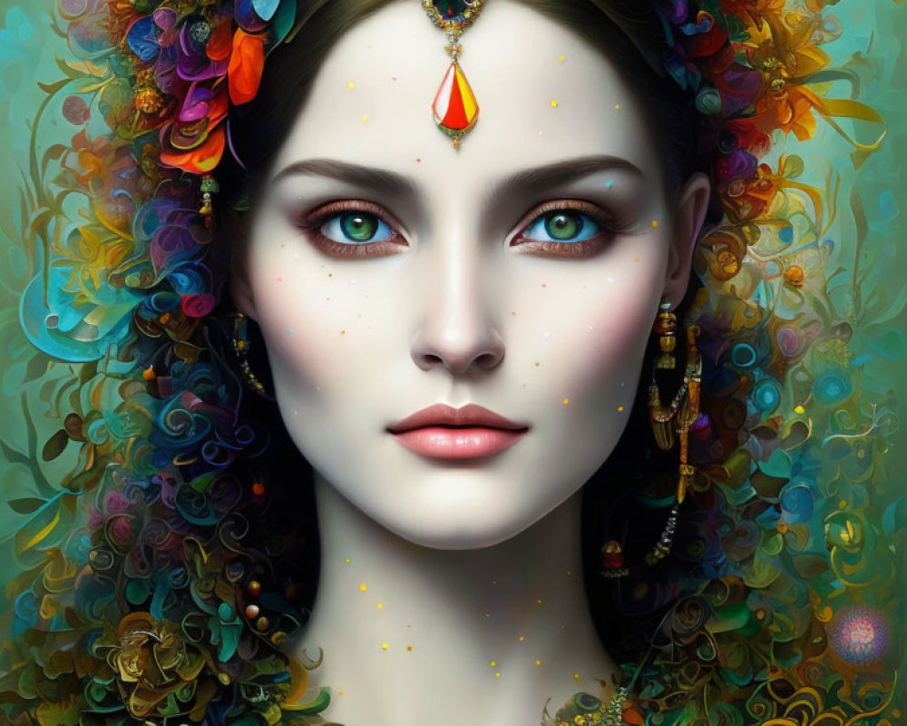 Colorful portrait of a woman with intricate floral headdress and ornate jewelry