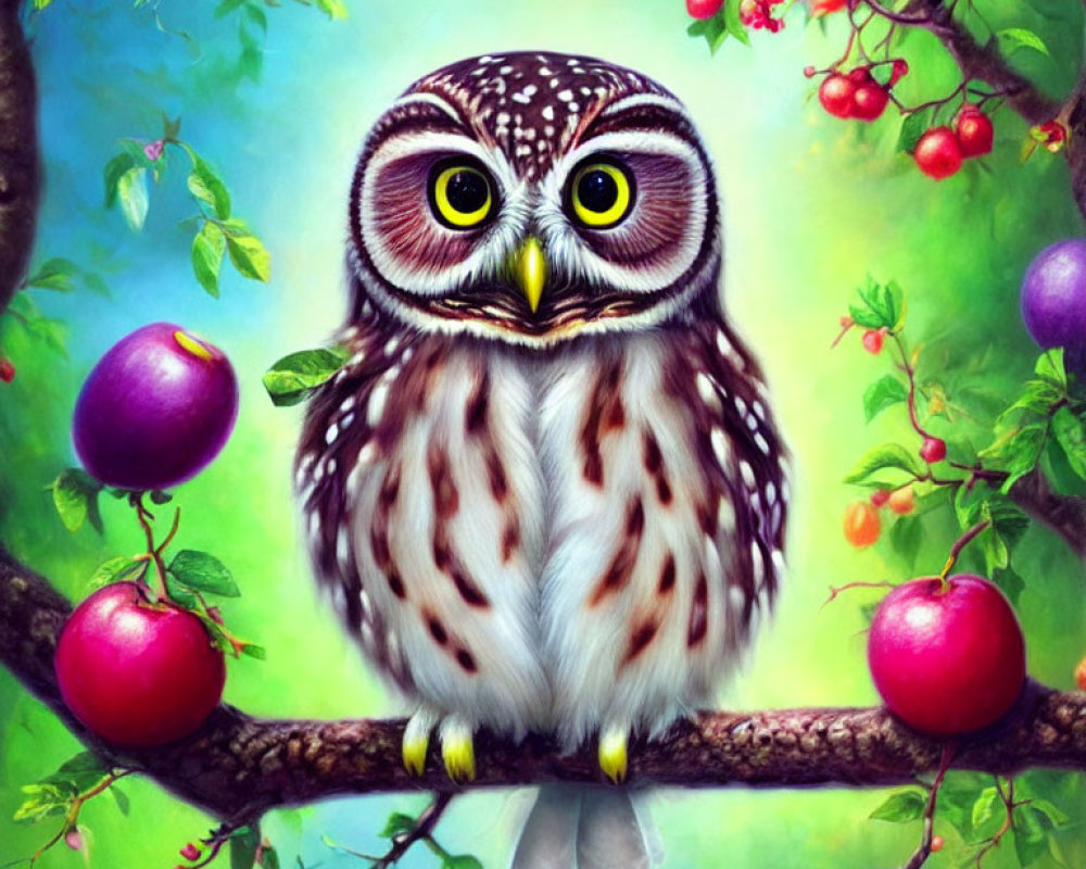 Whimsical owl on branch with large eyes amidst fruits and blossoms