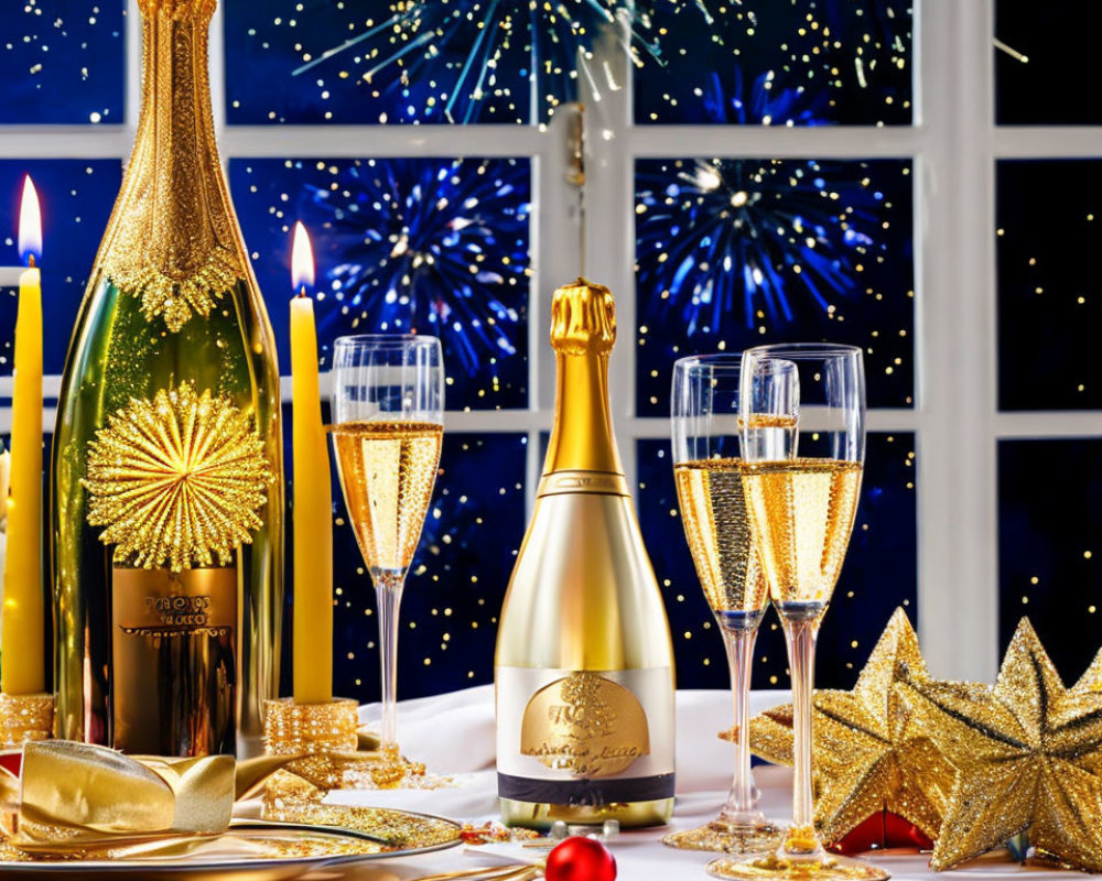 Elegant festive table setting with champagne, candles, and gold decorations