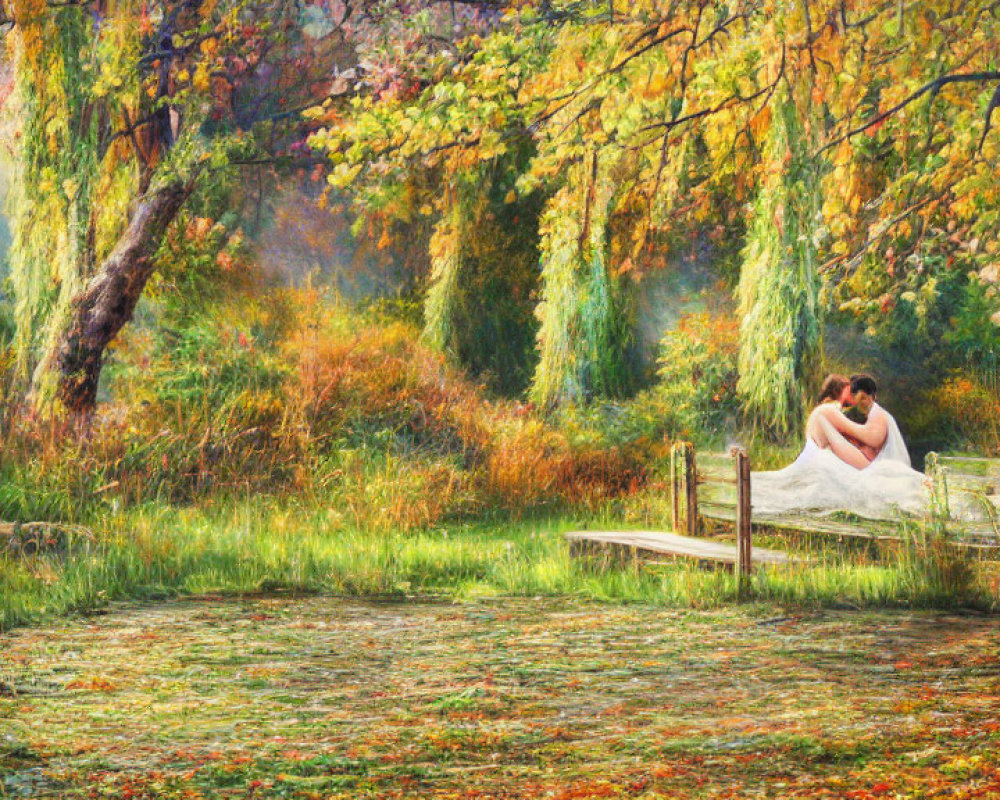 Wedding couple embraces on dock in autumn forest landscape