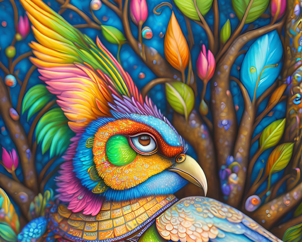 Colorful Parrot Illustration with Intricate Patterns in Fantasy Flora Setting