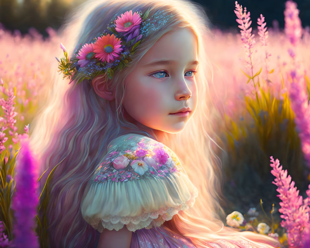 Young girl with floral crown in pink flower field at golden hour