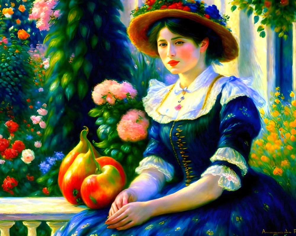 Woman in Blue Dress and Straw Hat on Bench with Flowers and Gourd