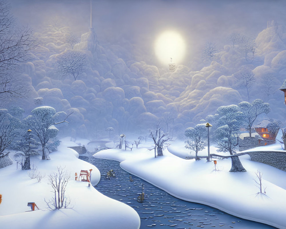 Snow-covered village with river, bear, and moonlit sky