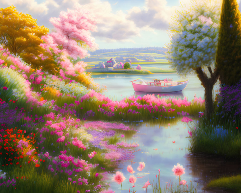 Tranquil landscape with boat on river, vibrant flowers, lush trees, warm sunrise