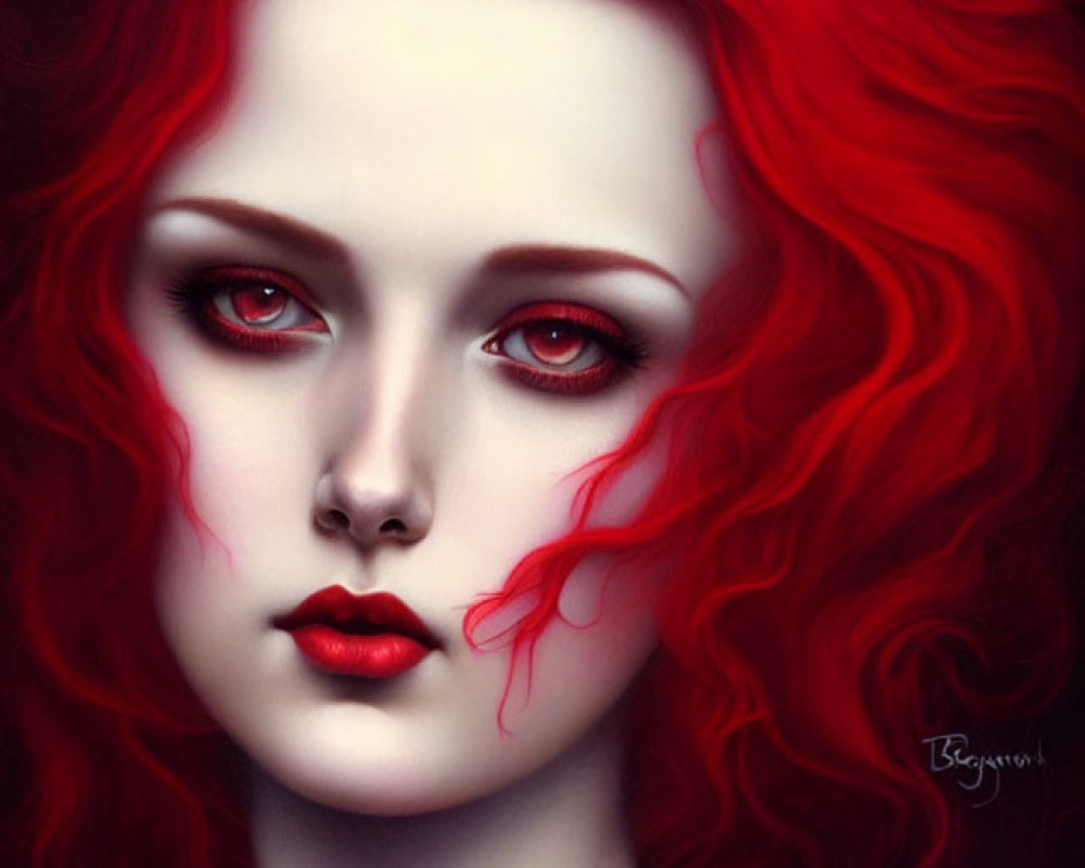 Portrait of woman with vibrant red hair, intense red eyes, and pale skin.