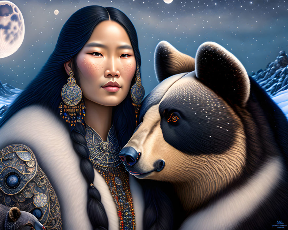 Illustrated portrait of woman and bear with traditional jewelry under moonlit sky