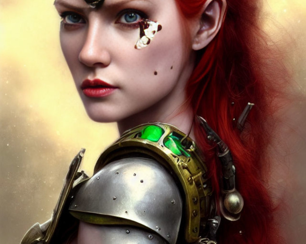 Red-Haired Female Warrior Portrait with Mechanical Eyepiece and Green Gem Accents