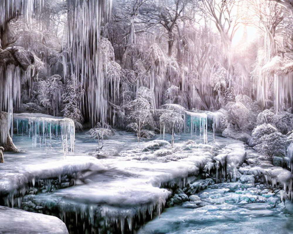 Snowy Landscape with Frozen Waterfalls and Icicles in Soft Sunlight