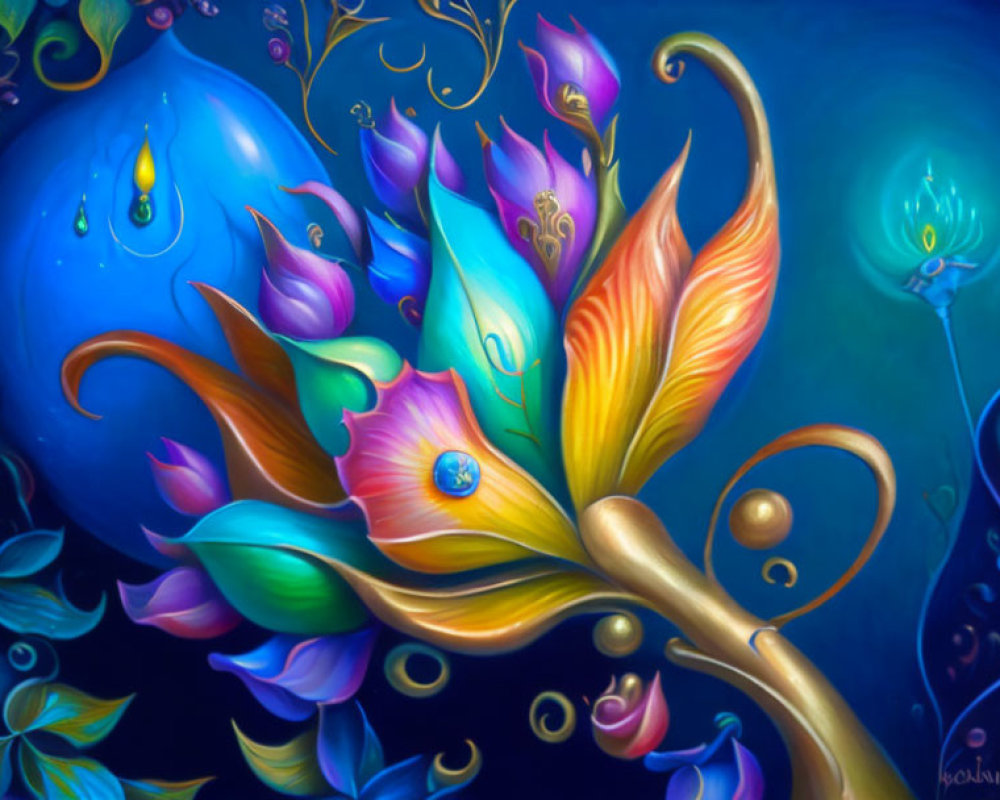 Colorful Stylized Flowers Against Dark Blue Swirl Background