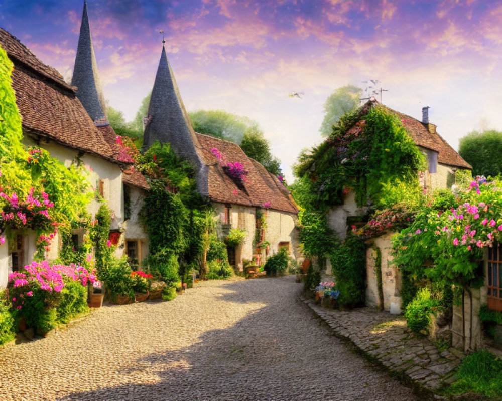 Charming village street with cobblestones, ivy-covered houses, and vibrant sunset sky