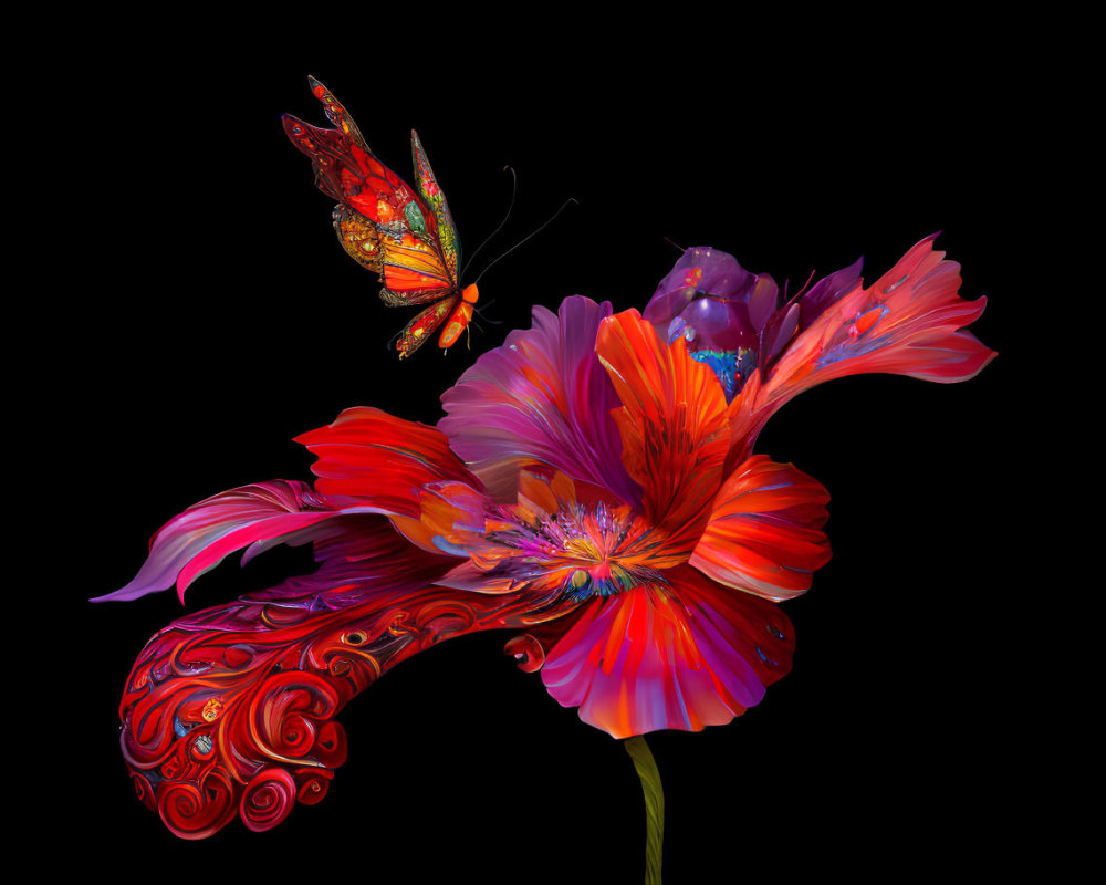 Detailed digital butterfly artwork with intricate wing patterns and red flower on black background