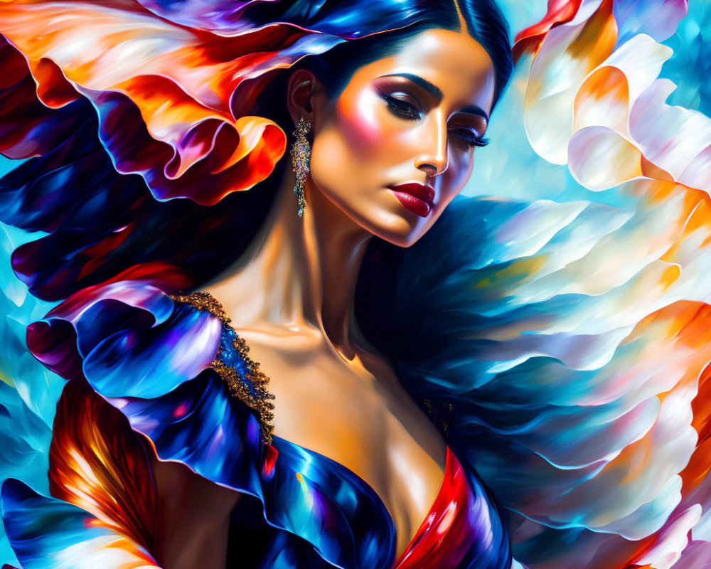 Colorful digital portrait of a woman with flowing hair and blue dress