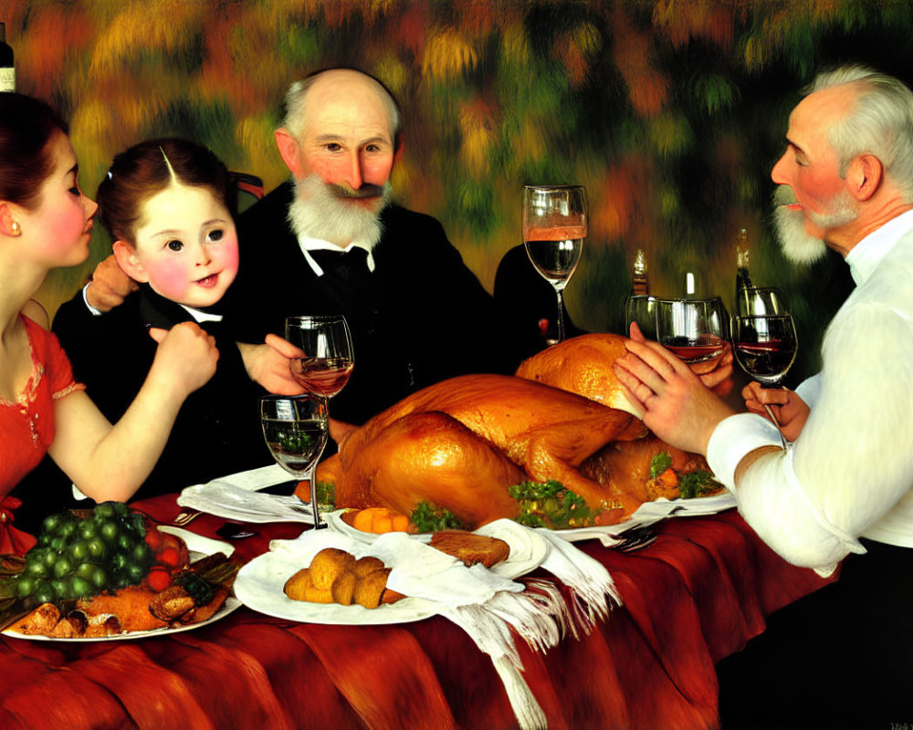 Family dinner scene with roasted turkey and elderly man listening to child.