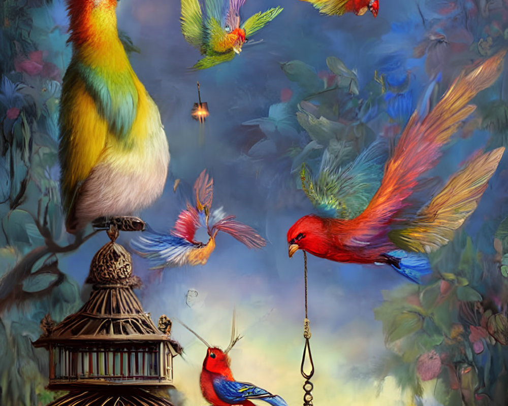 Colorful Birds in Flight and Perched with Open Birdcage in Dreamy Forest
