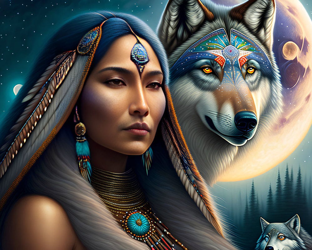 Digital artwork: Woman with Native American features and mystical wolf under starry night sky